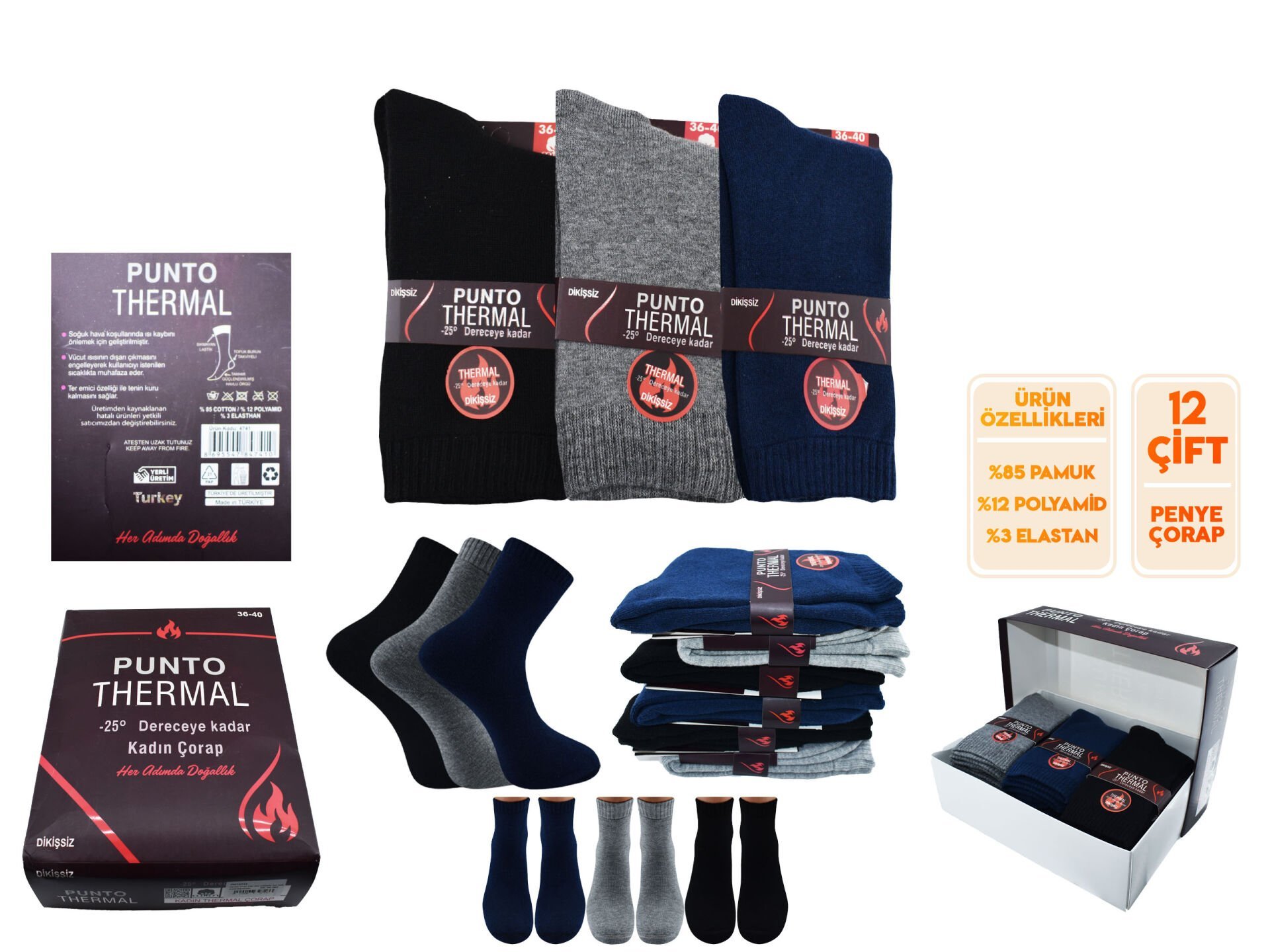 Punto 4741 (36-40) Dikişsiz Ter Emici Bayan Termal Çorap 12'li