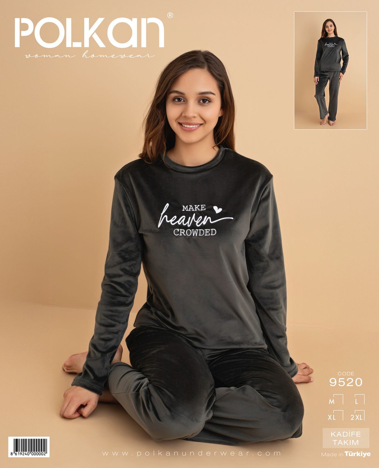 Polkan 9520 (M-L-XL-XXL) Kadife Uzun Kollu Bayan Pijama Takım 4'lü