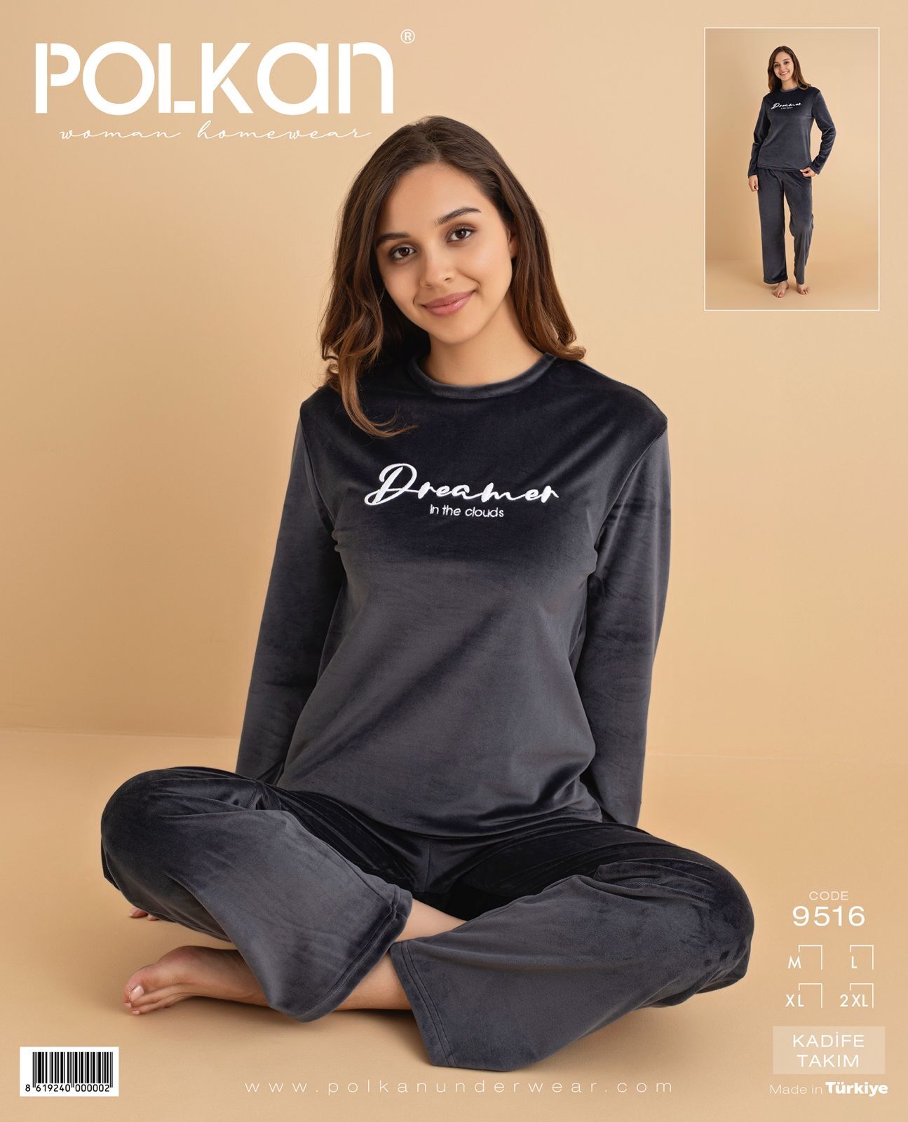 Polkan 9516 (M-L-XL-XXL) Kadife Uzun Kollu Bayan Pijama Takım 4'lü