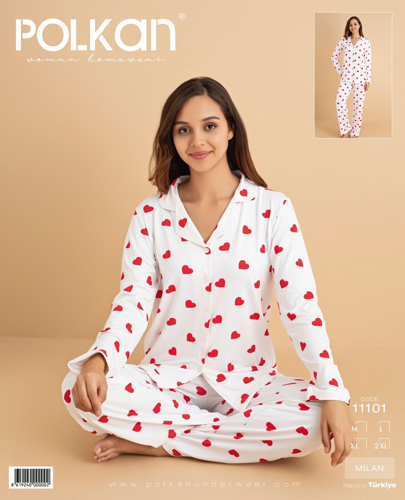 Polkan 11101 (M-L-XL-XXL) Bayan Uzun Kollu Milan Pijama Takım 4'lü