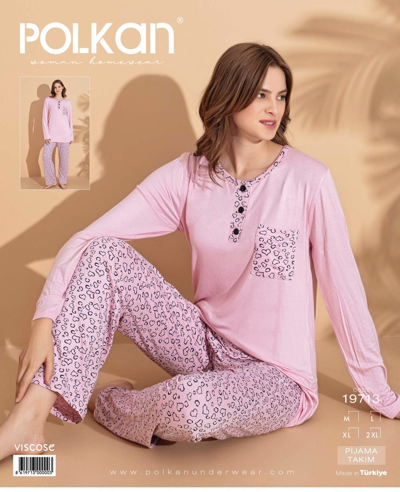 Polkan 19713 (M-L-XL-XXL) Viskon Uzun Kollu Bayan Pijama Takım 4'lü