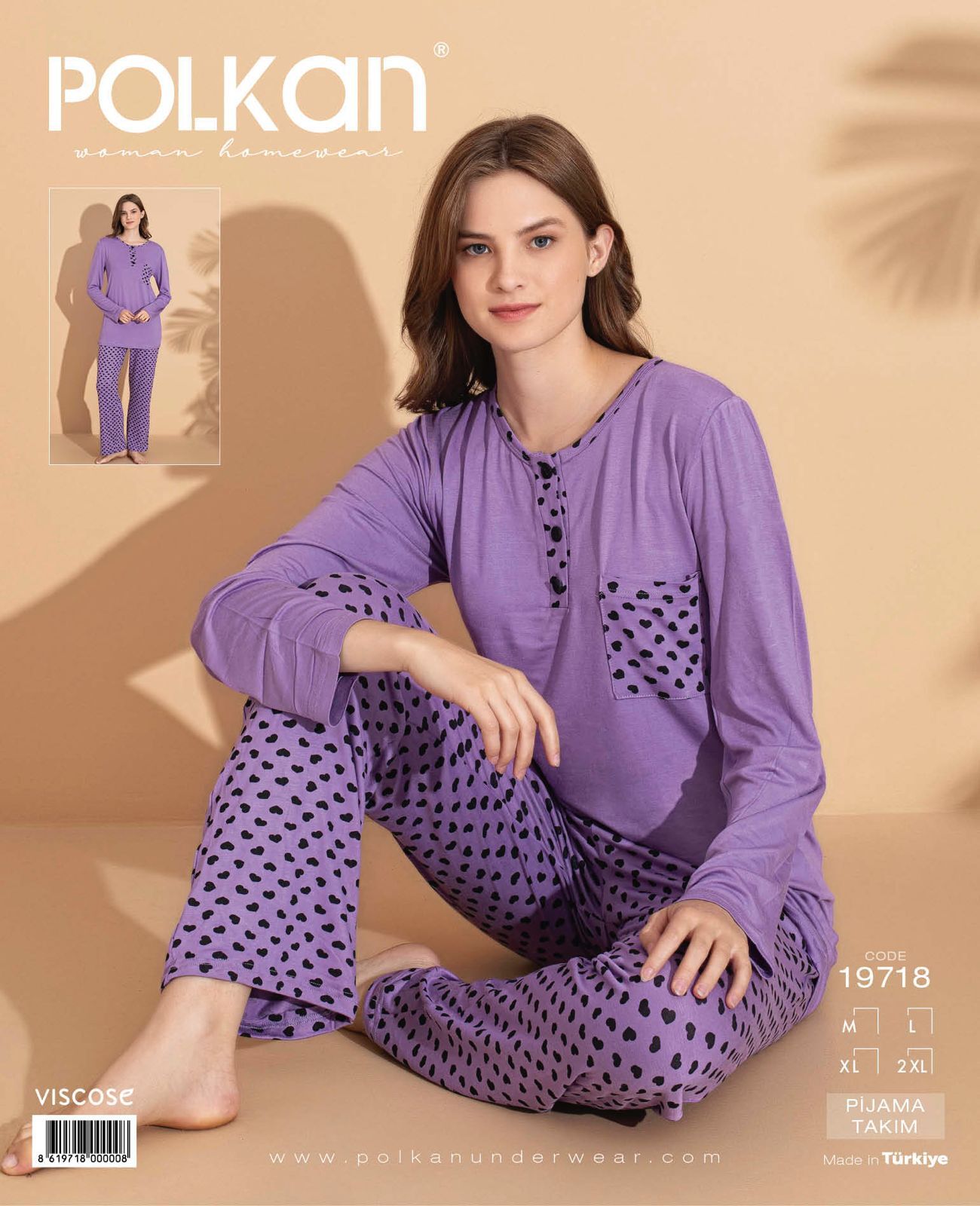 Polkan 19718 (M-L-XL-XXL) Viskon Uzun Kollu Bayan Pijama Takım 4'lü