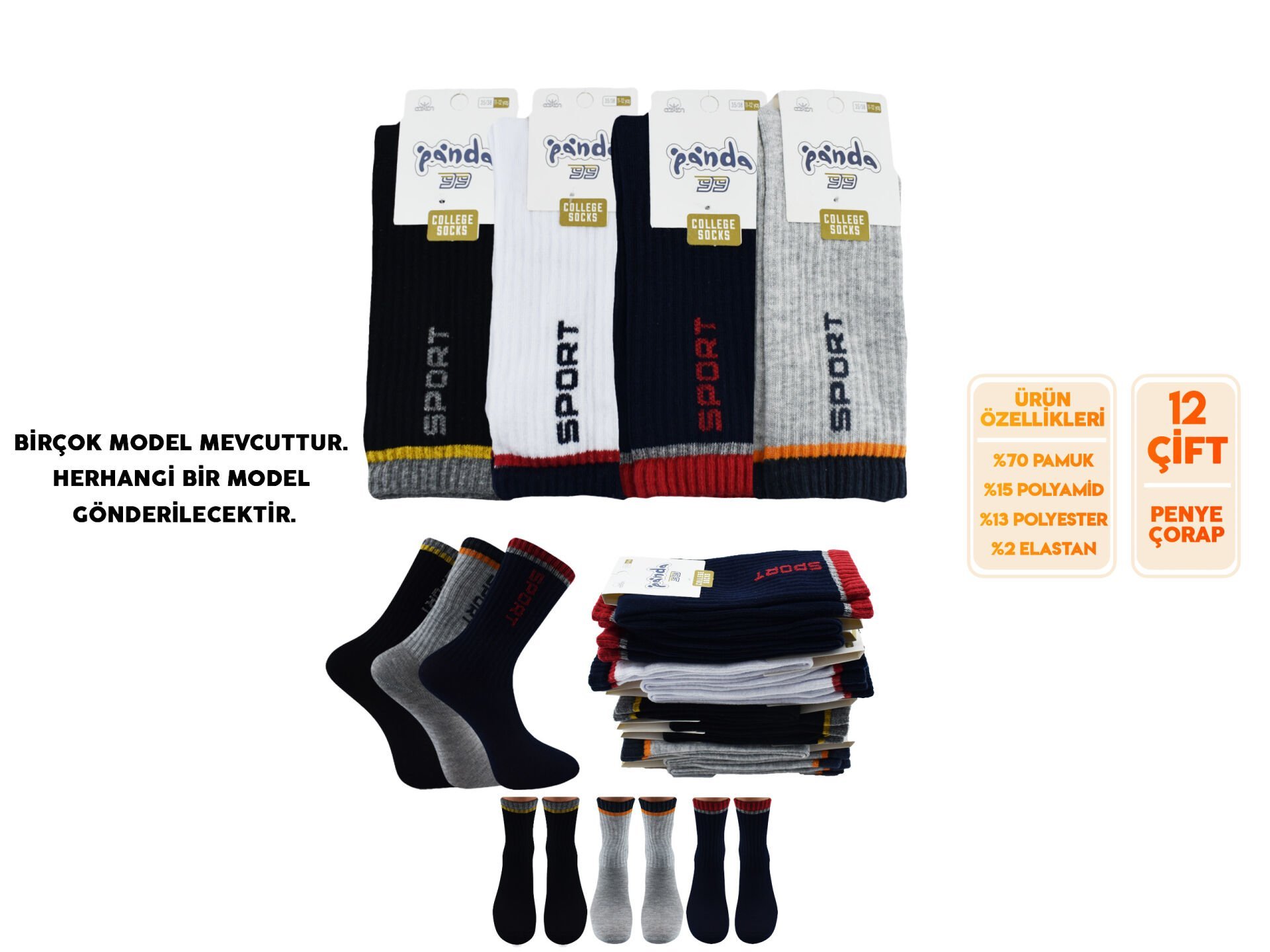 Panda 11 (3-12 Yaş) Yıkamalı Kız Erkek Çocuk Kolej Soket Çorap 12'li