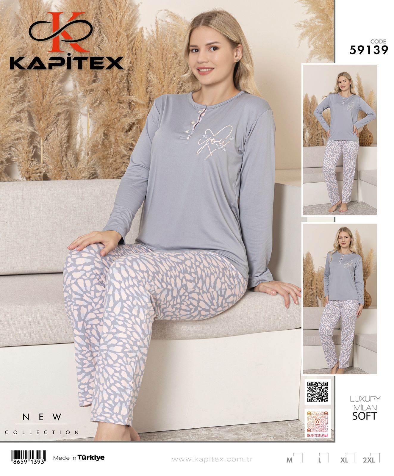 Kapitex 59139 (M-L-XL-XXL) Soft Milan Bayan Uzun Kollu Pijama Takım 4'lü