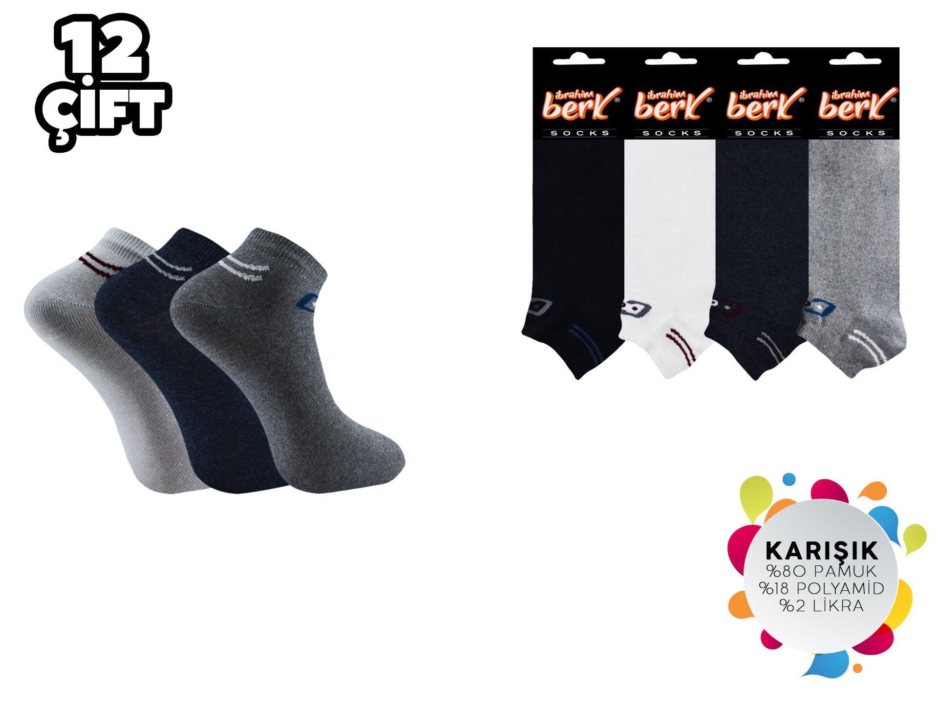 İbrahim Berk 11-16 Erkek Likralı Patik Çorap 12'li