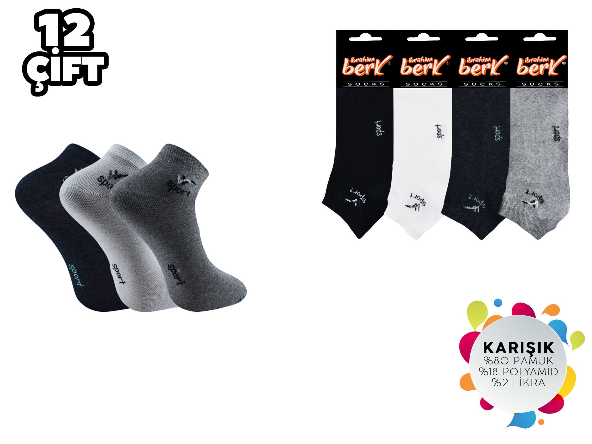 İbrahim Berk 11-19 Erkek Likralı Patik Çorap 12'li