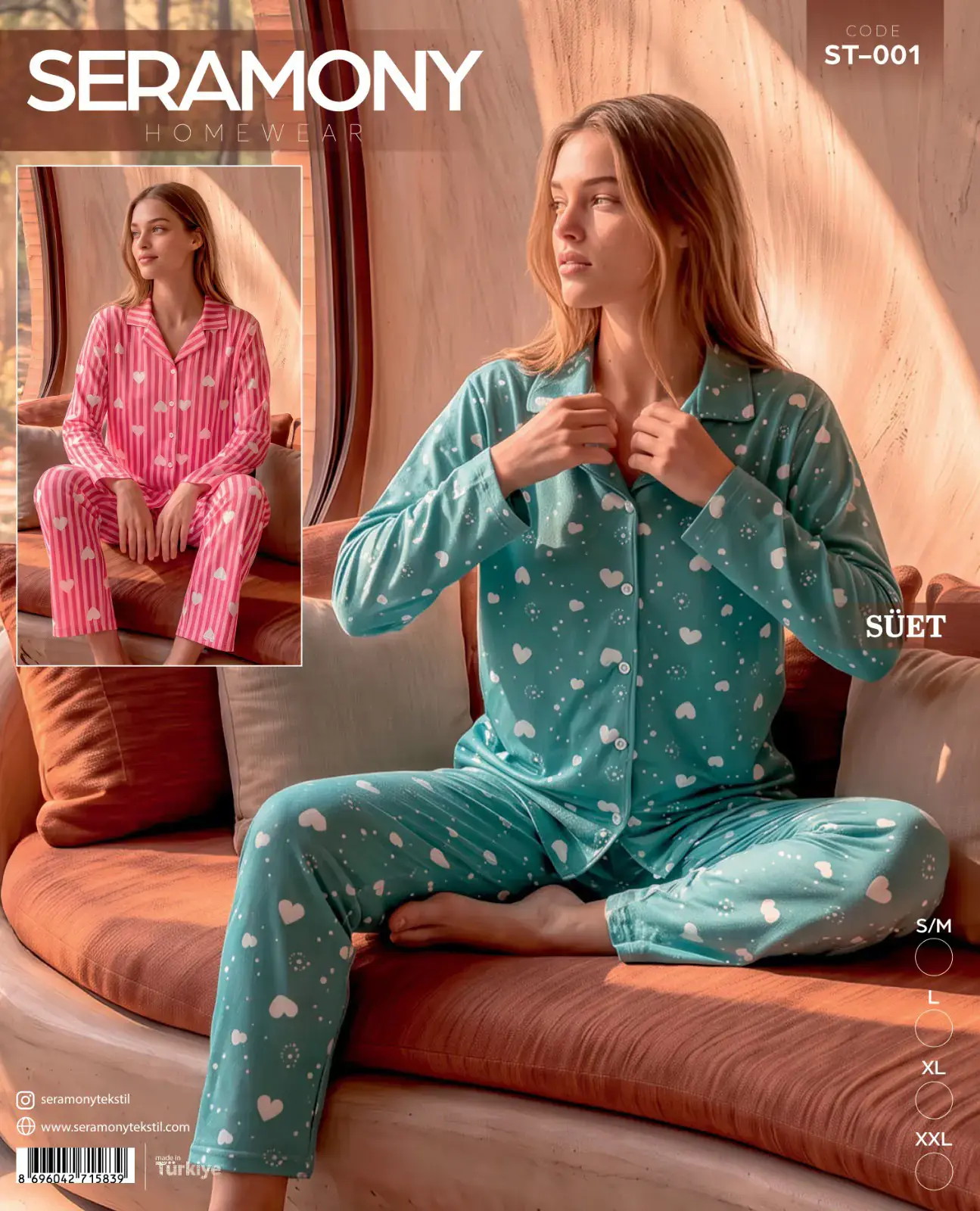 Seramony 001 (S-M-L-XL-XXL) Süet Uzun Kollu Bayan Pijama Takım 4'lü