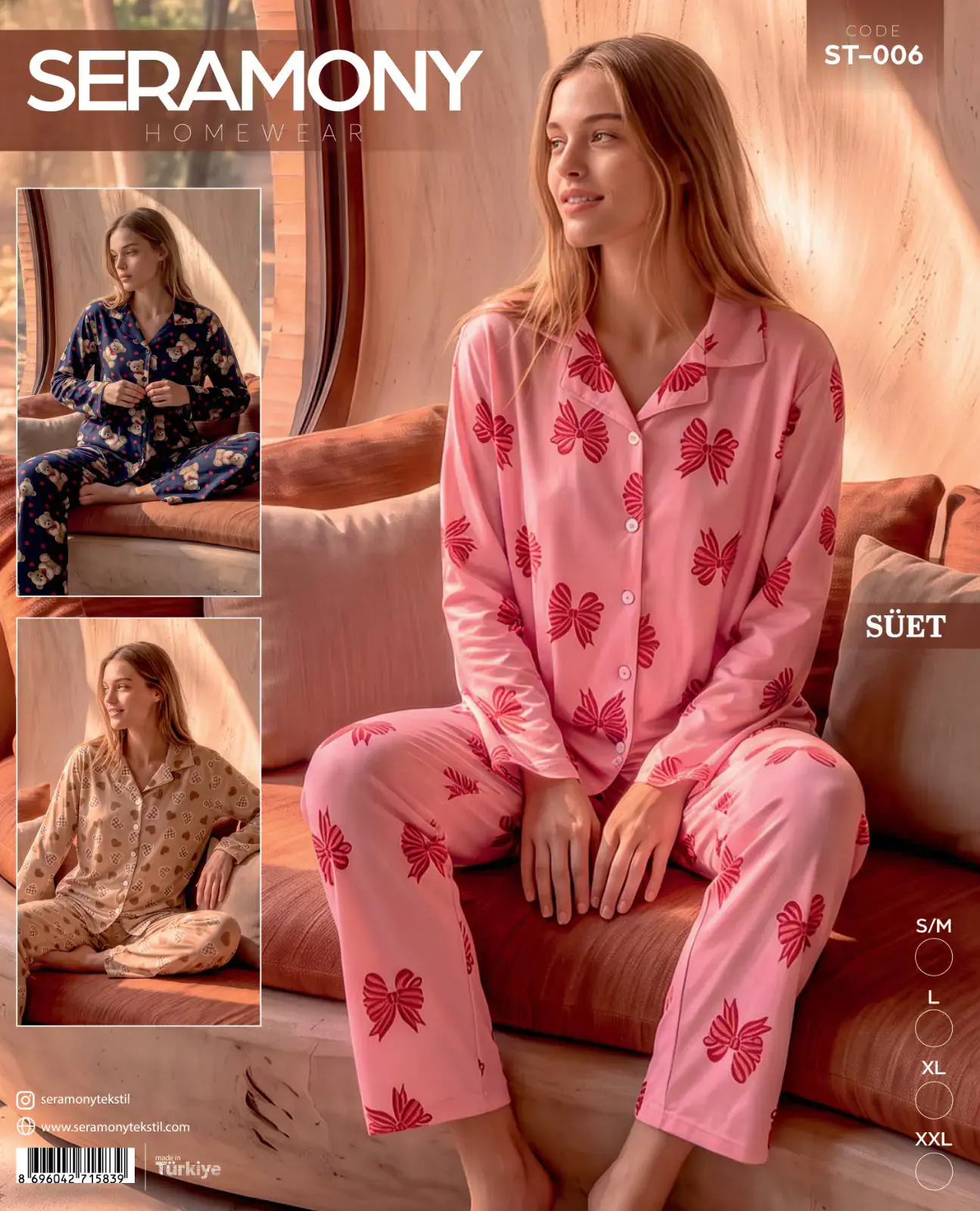 Seramony 006 (S-M-L-XL-XXL) Süet Uzun Kollu Bayan Pijama Takım 4'lü