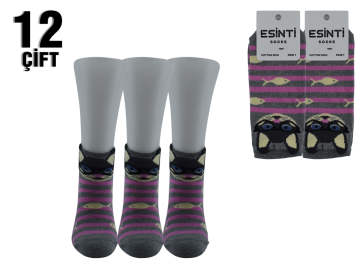 Esinti Pembe Çizgili Kedili 3 Boyutlu Bayan Patik 12'li