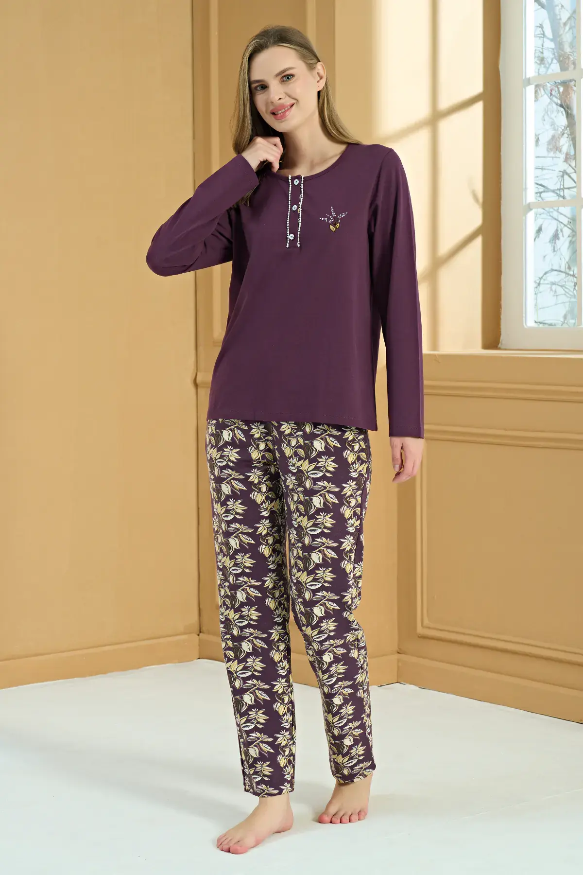 Pijadore 2225-B (2XL-3XL-4XL-5XL) Battal Beden Uzun Kollu Bayan Pijama Takım 4'lü