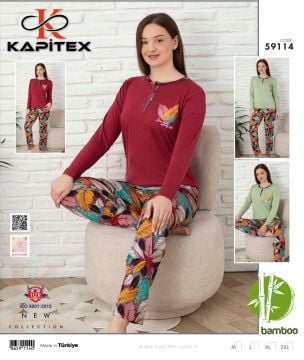 Kapitex 59114 Bambu Ring Viskon Bayan Uzun Kol Pijama Takım 4'lü
