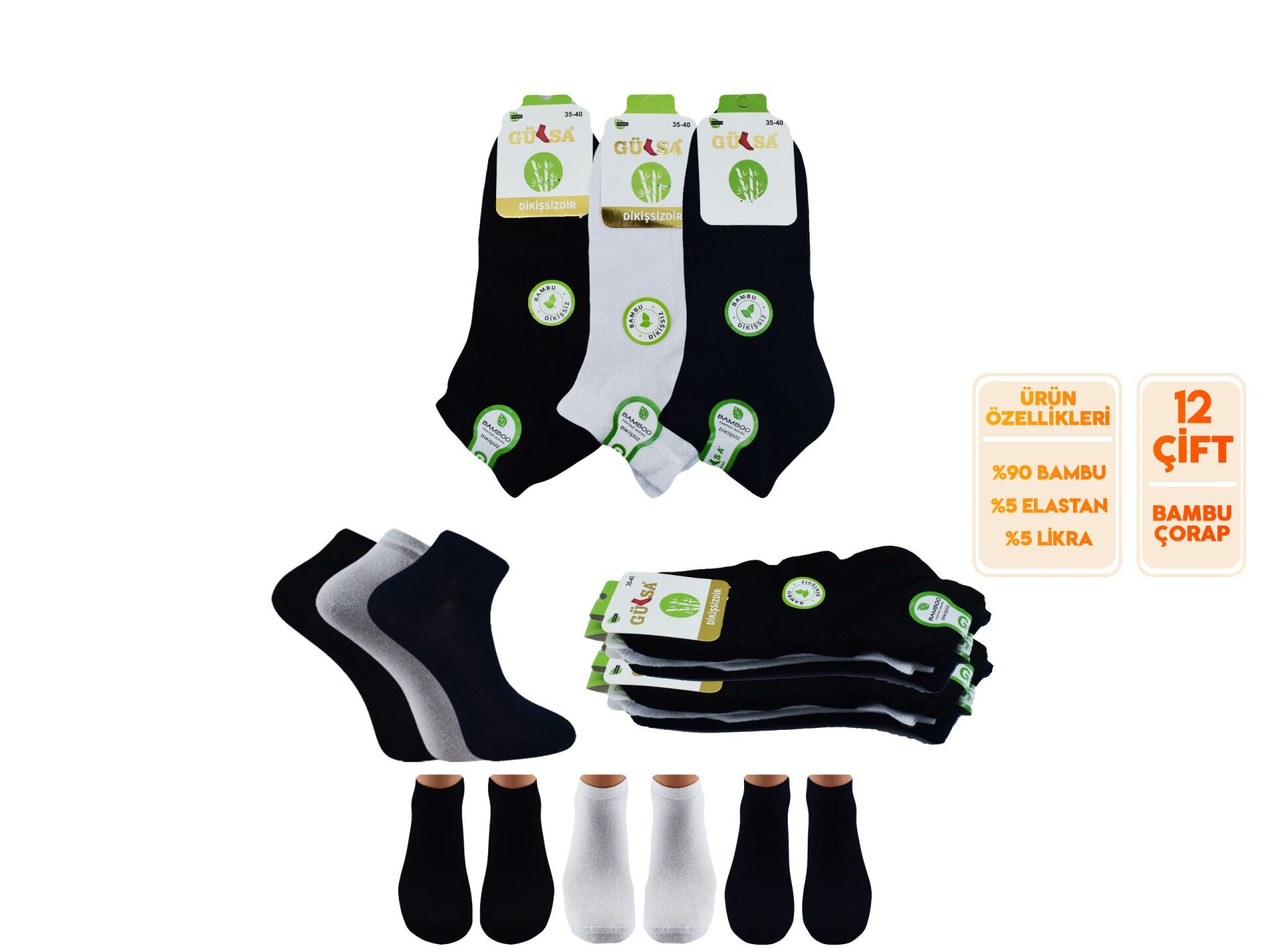 Gülsa (36-40) Dikişsiz Bayan Bambu Patik 12'li