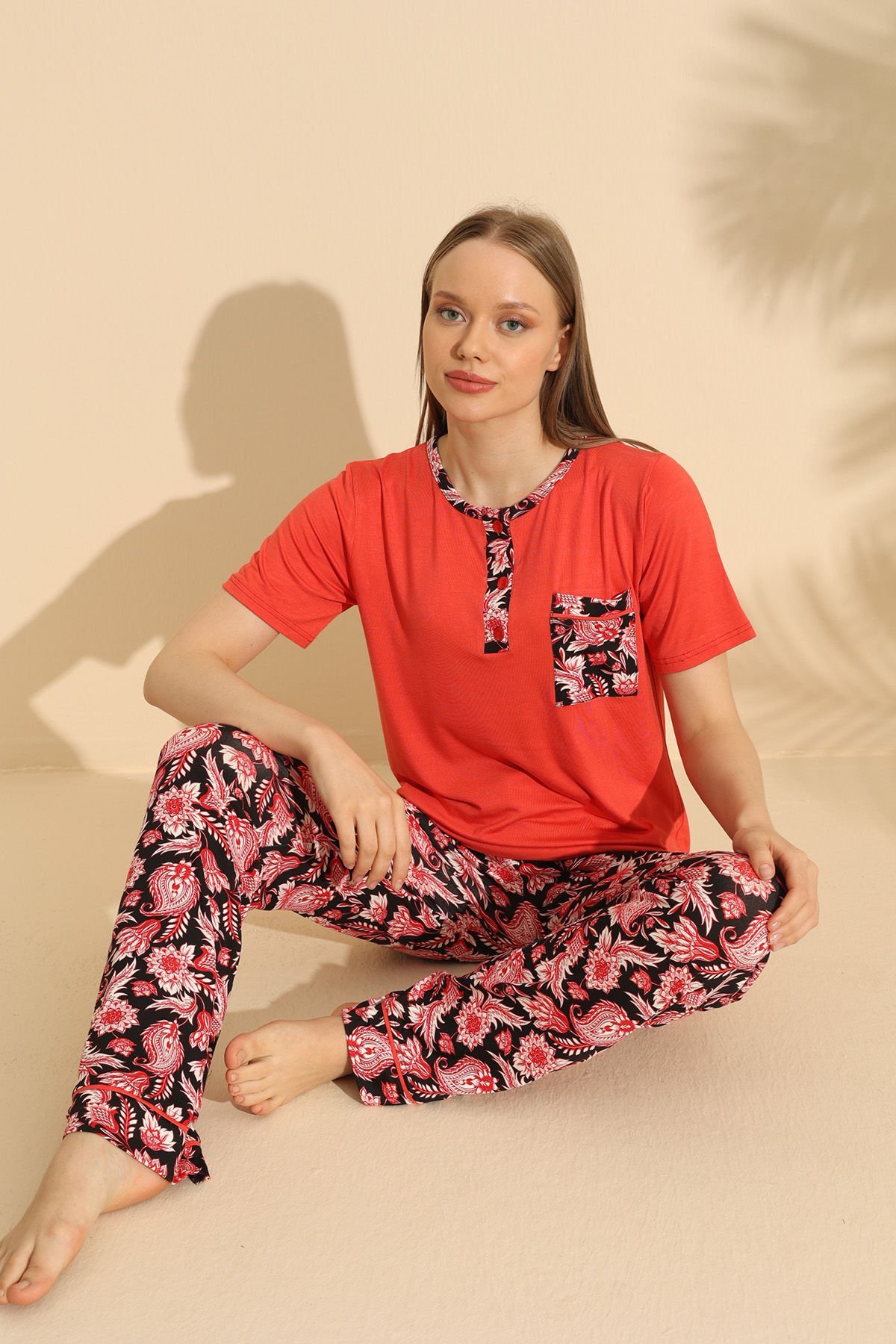 Polkan 19531 Bayan Ring Viskon Kısa Kollu Bayan Pijama Takım Paket İçi 4'lü