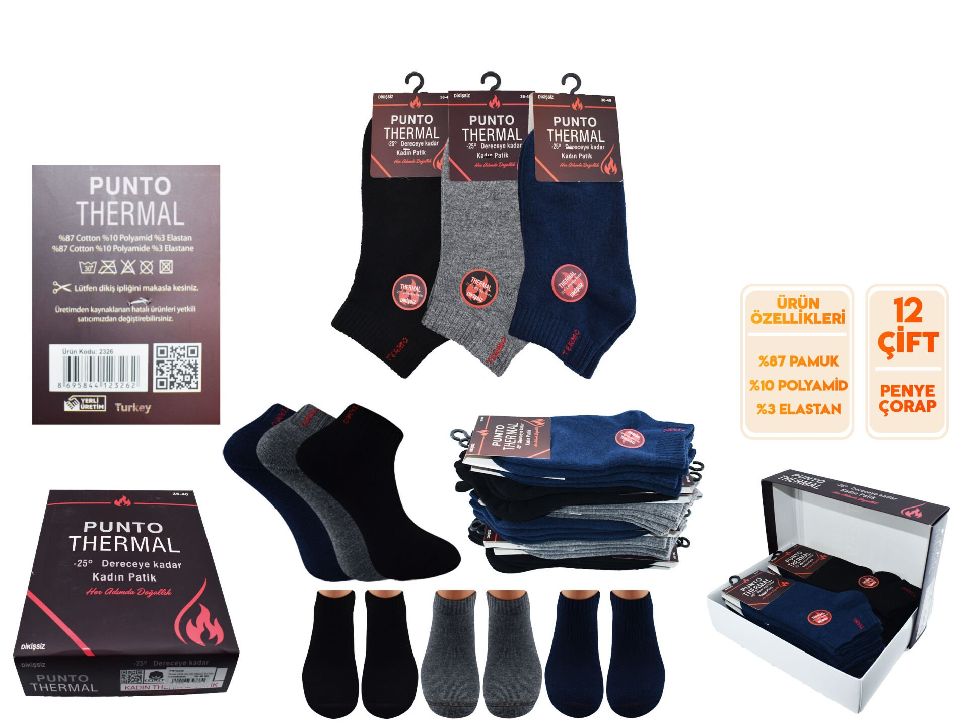 Punto 2326 (36-40) Dikişsiz Ter Emici Bayan Termal Patik 12'li