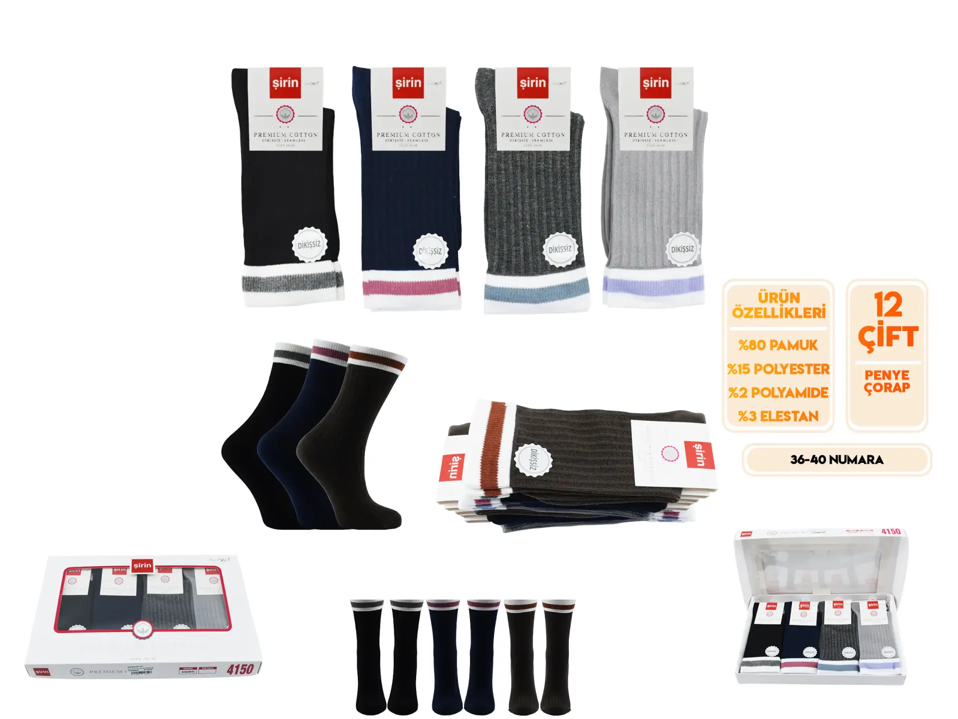 Şirin 4150-112 (36-40) Dikişsiz Bayan Penye Çorap 12'li