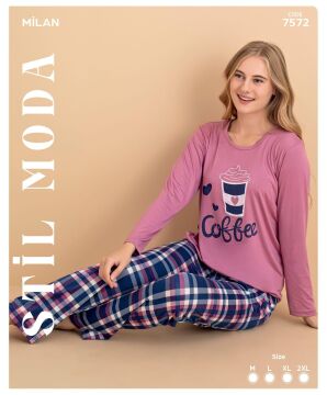 Stil Moda 7572 (M-L-XL-XXL) Milan Bayan Uzun Kol Pijama Takım 4'lü