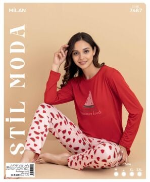 Stil Moda 7487 (M-L-XL-XXL) Milan Bayan Uzun Kol Pijama Takım 4'lü