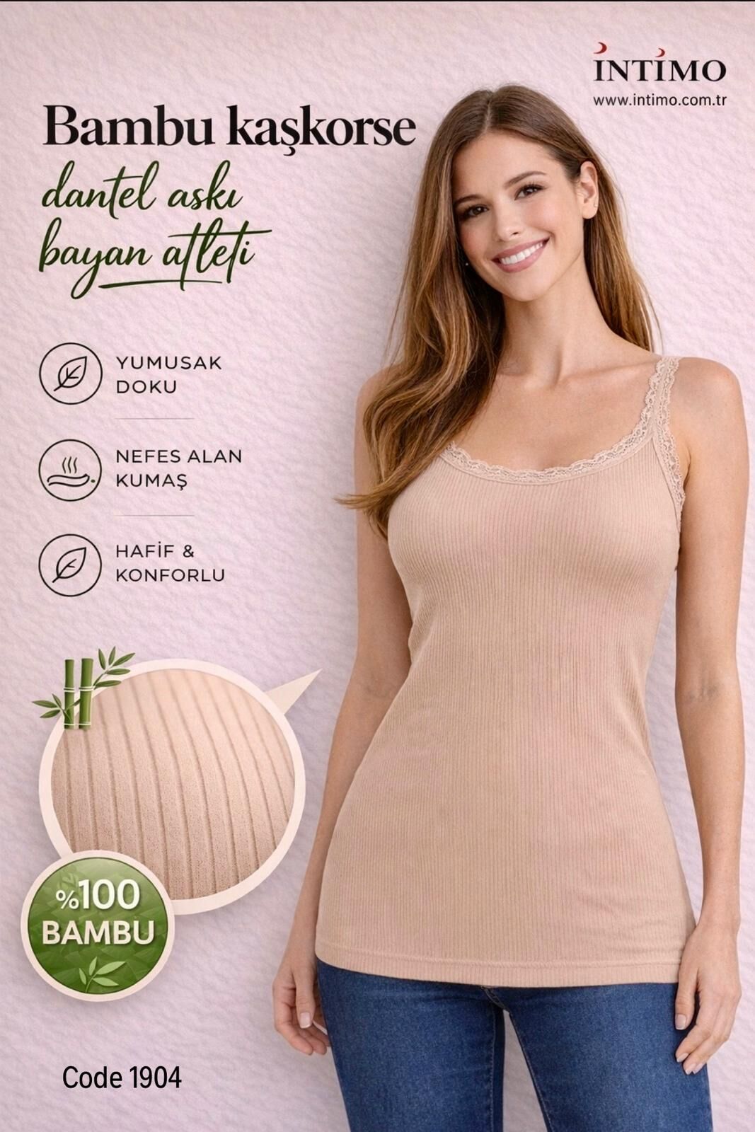 İntimo 1904 (S-M-L-XL) Bambu Kaşkorse Askı Dantelli İp Askılı Bayan Atlet 6'lı