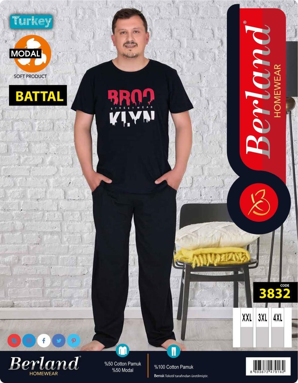 Berland 3832 Jakarlı Kısa Kol Battal Erkek Pijama Takımı