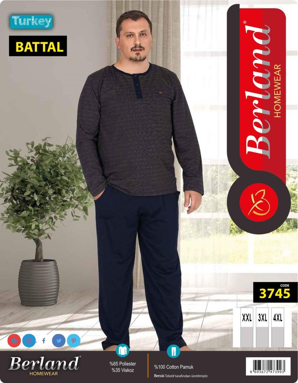 Berland 3745 Jakarlı Uzun Kol Battal Erkek Pijama Takımı