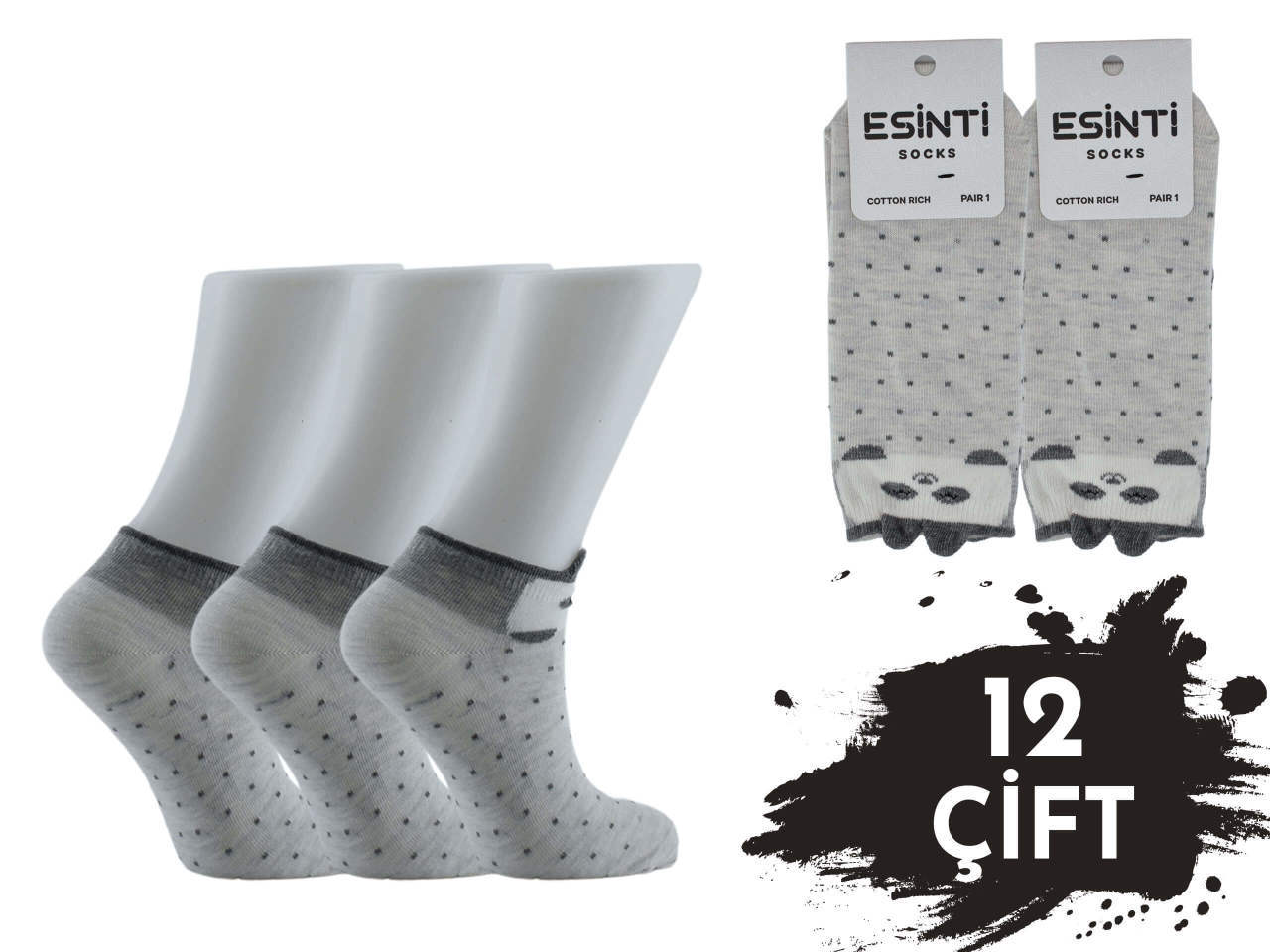 Esinti Gri Puanlı Panda 3 Boyutlu Bayan Patik 12'li