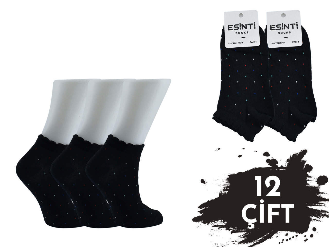 Esinti Renkli Puanlı 3 Boyutlu Bayan Patik 12'li