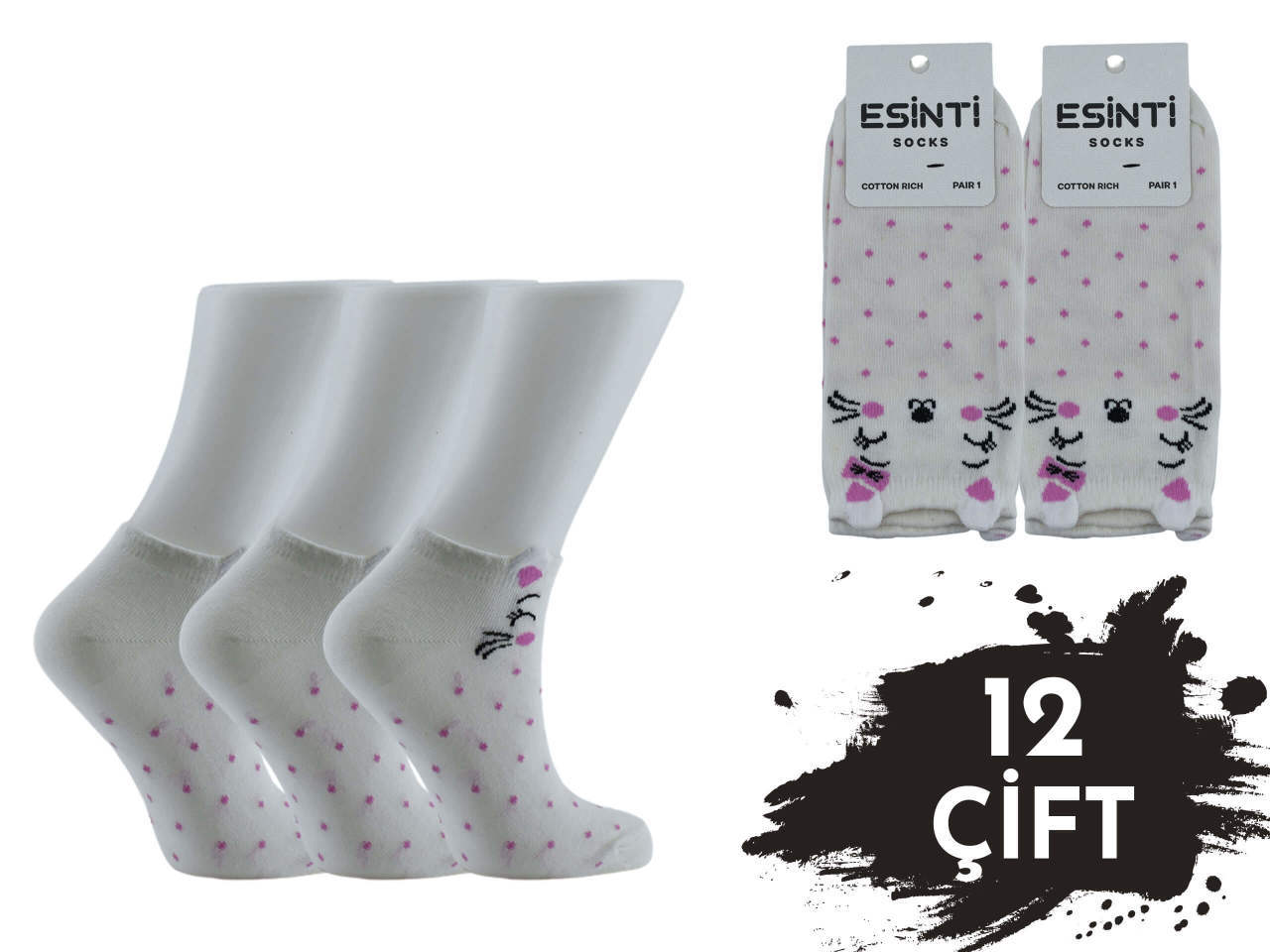 Esinti Beyaz Puanlı Kedili 3 Boyutlu Bayan Patik 12'li