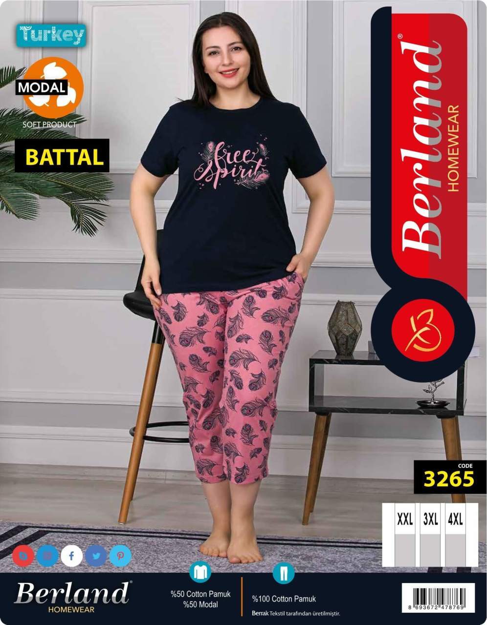 Berland 3265 Bayan Modal Kısa Kol Kapri Battal Pijama Takımı