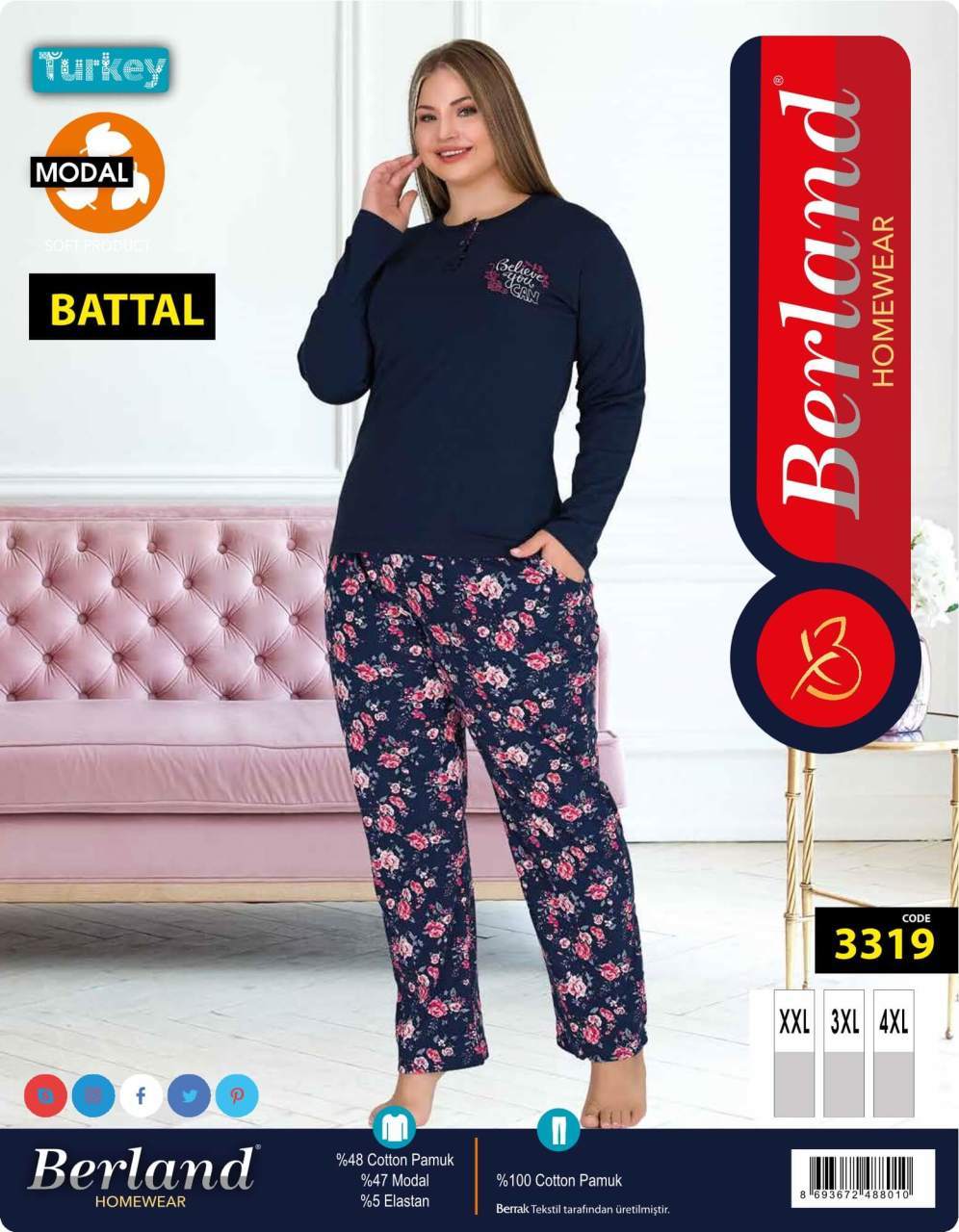 Berland 3319 Bayan Modal Uzun Kol Battal Pijama Takımı