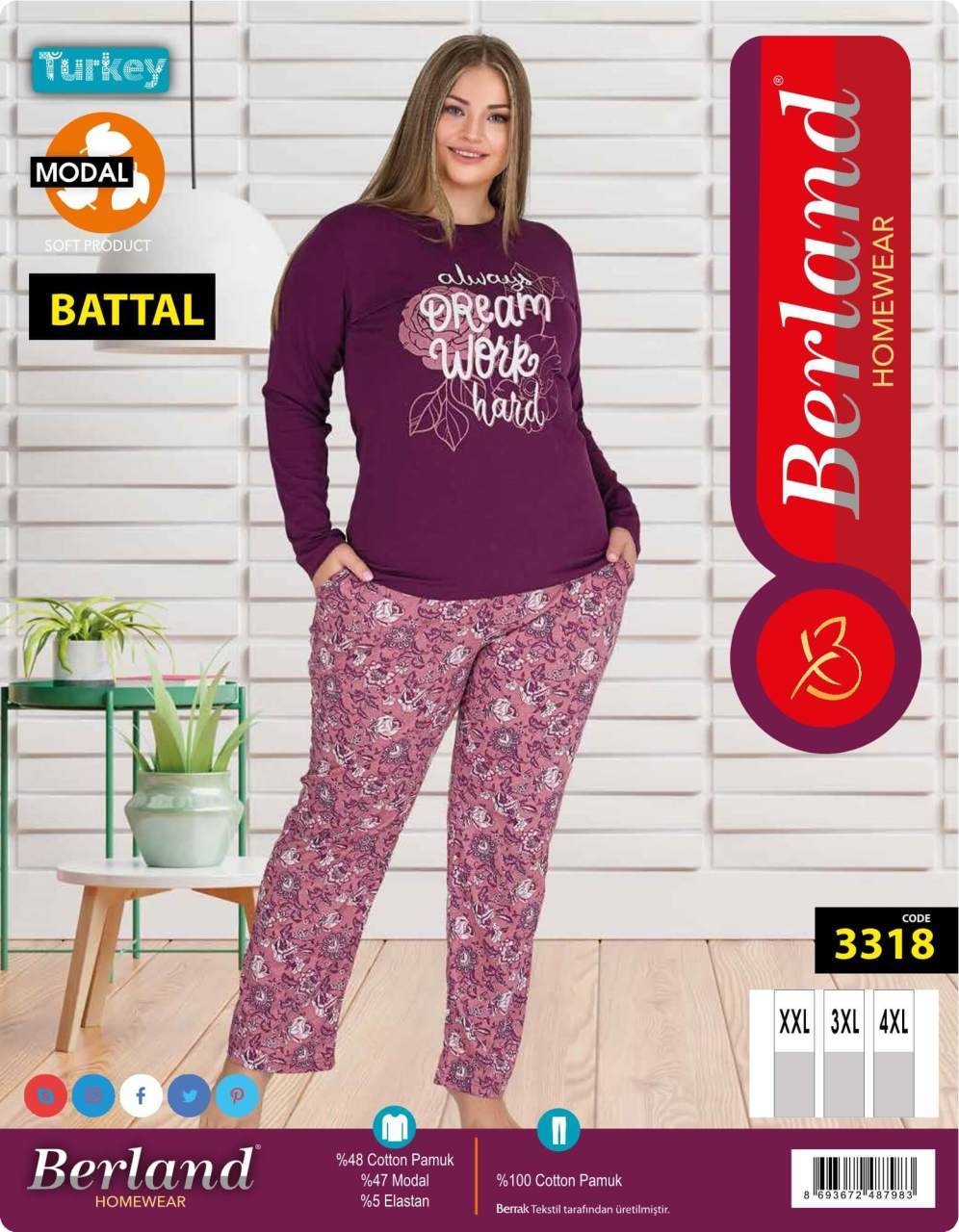 Berland 3318 Bayan Modal Uzun Kol Battal Pijama Takımı