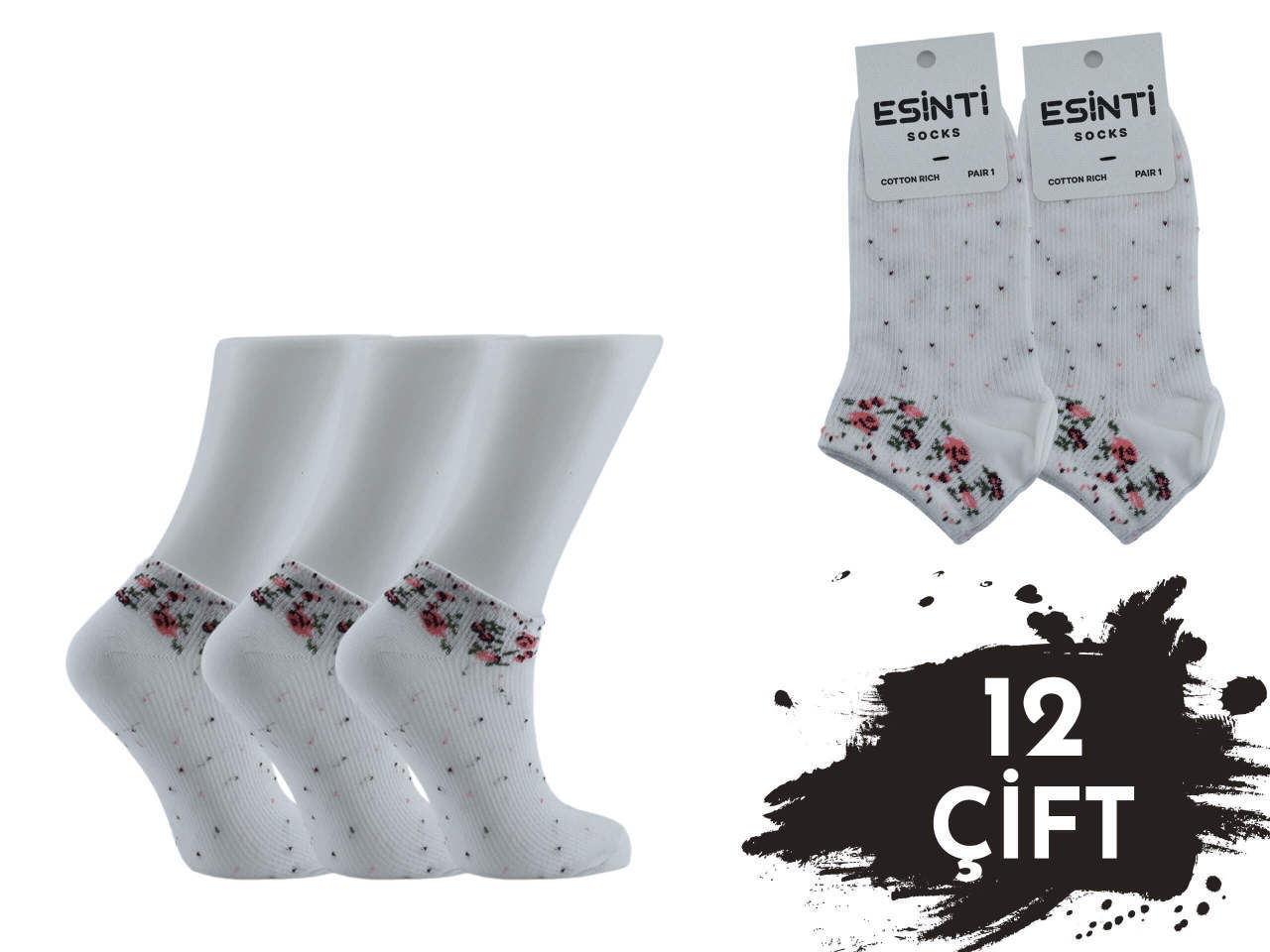 Esinti Beyaz Çiçekli 3 Boyutlu Bayan Patik 12'li