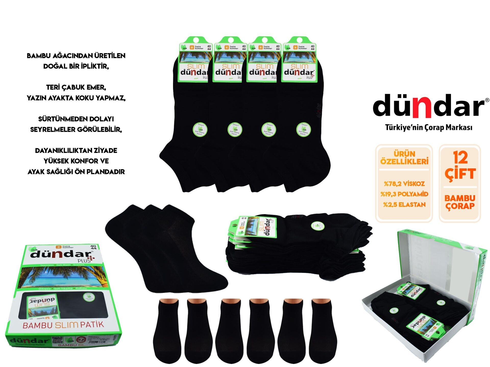 Dündar 4612 (40-44) Dikişsiz Yıkamalı Kokulu Erkek Summer Bambu Patik 12'li