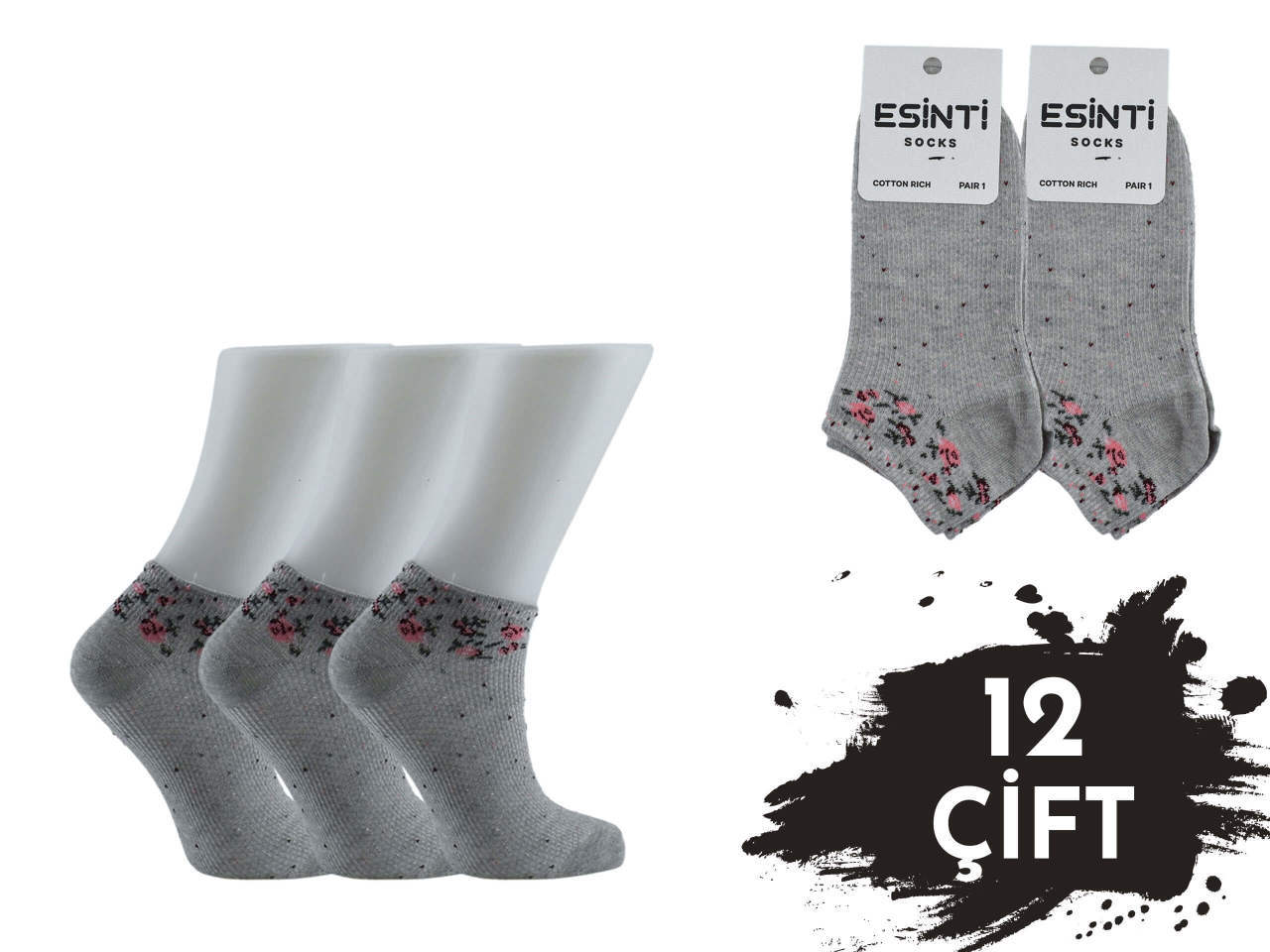 Esinti Gri Çiçekli 3 Boyutlu Bayan Patik 12'li