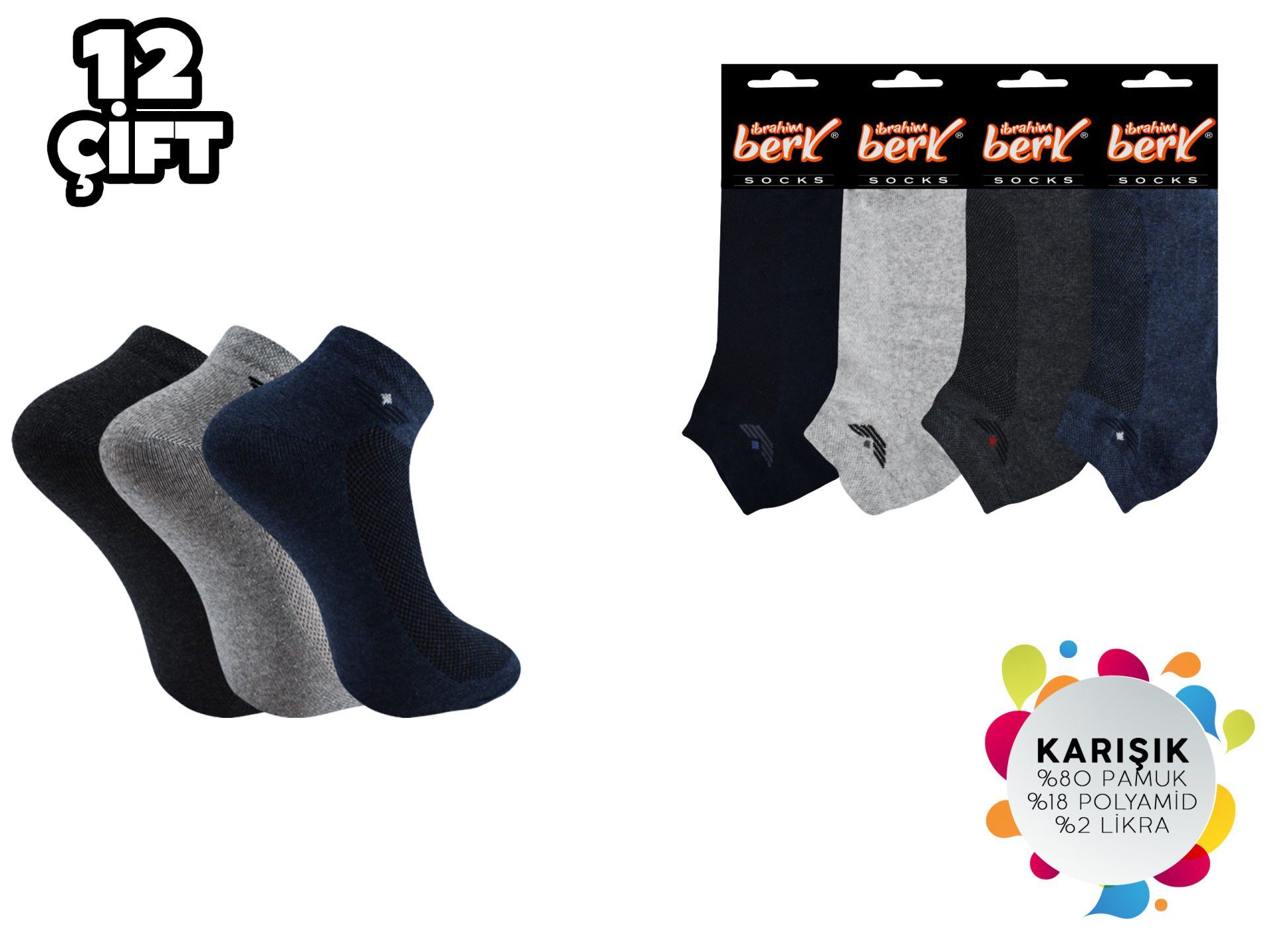 İbrahim Berk 11-12 Erkek Likralı Patik Çorap 12'li