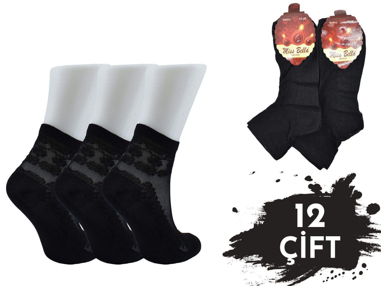 Miss Bella Kabartma Desen Bayan Tül Patik 12'li