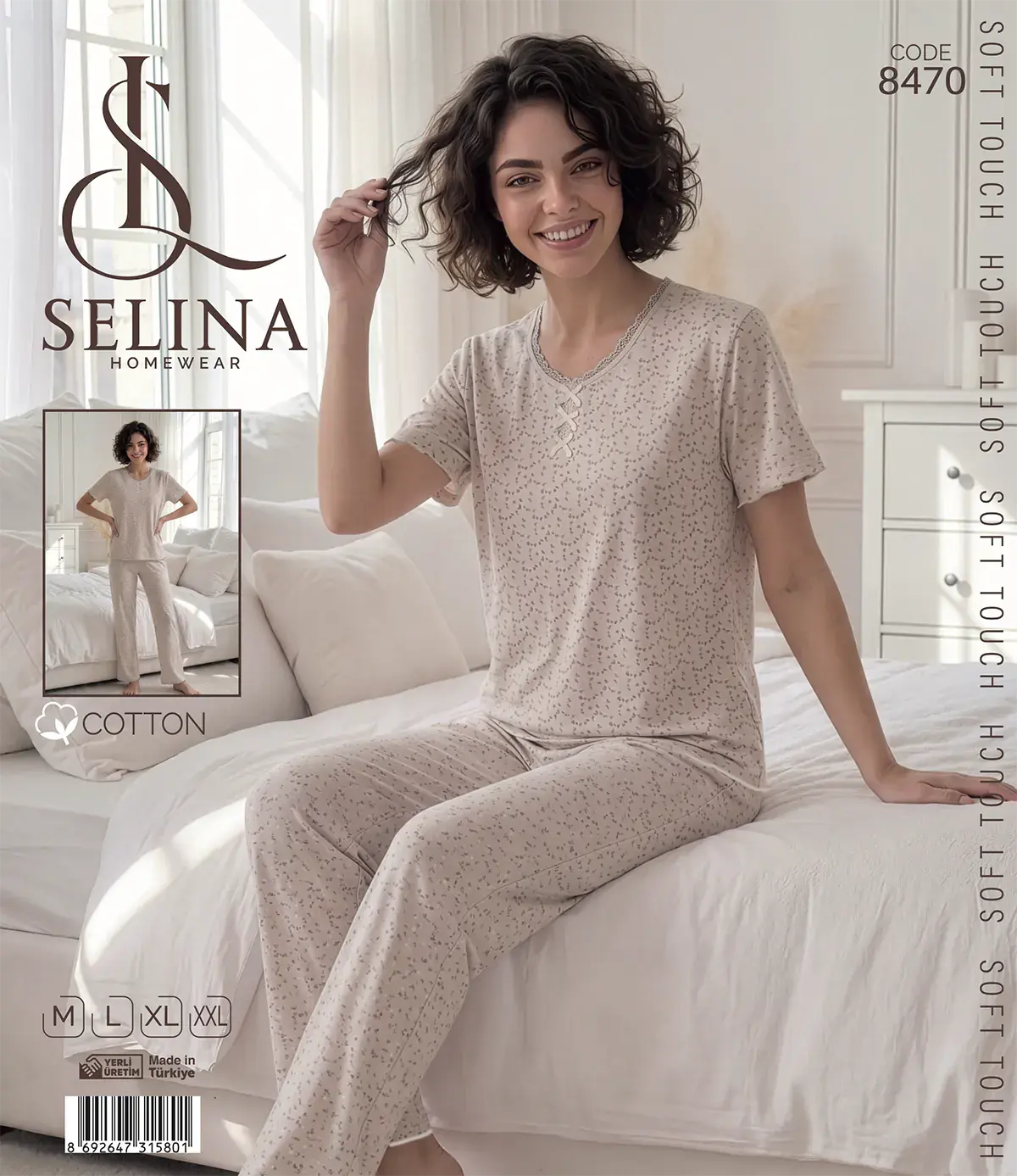 Selina 8470 (M-L-XL-XXL) Bayan Kısa Kollu Pijama Takım