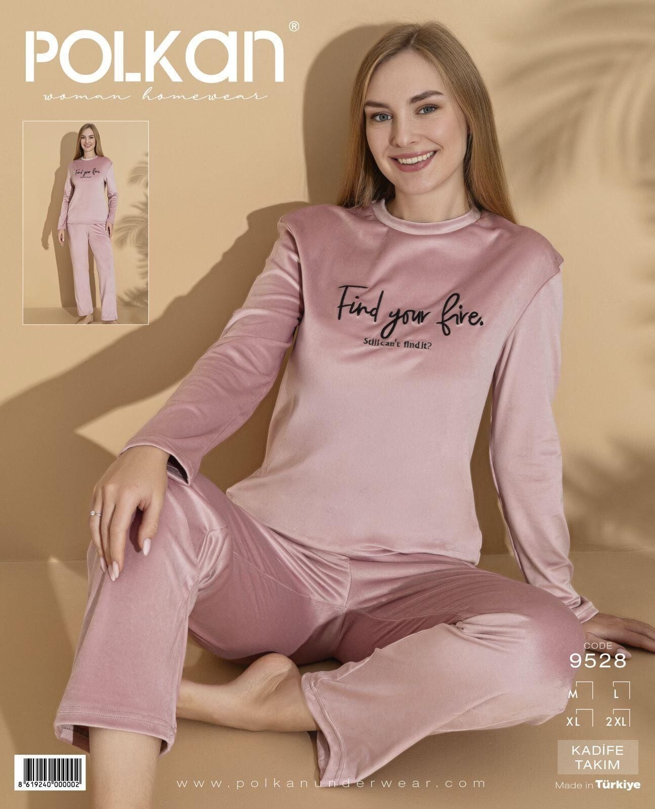 Polkan 9528 (M-L-XL-XXL) Kadife Uzun Kollu Bayan Pijama Takım 4'lü