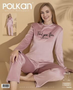 Polkan 9528 (M-L-XL-XXL) Kadife Uzun Kollu Bayan Pijama Takım 4'lü