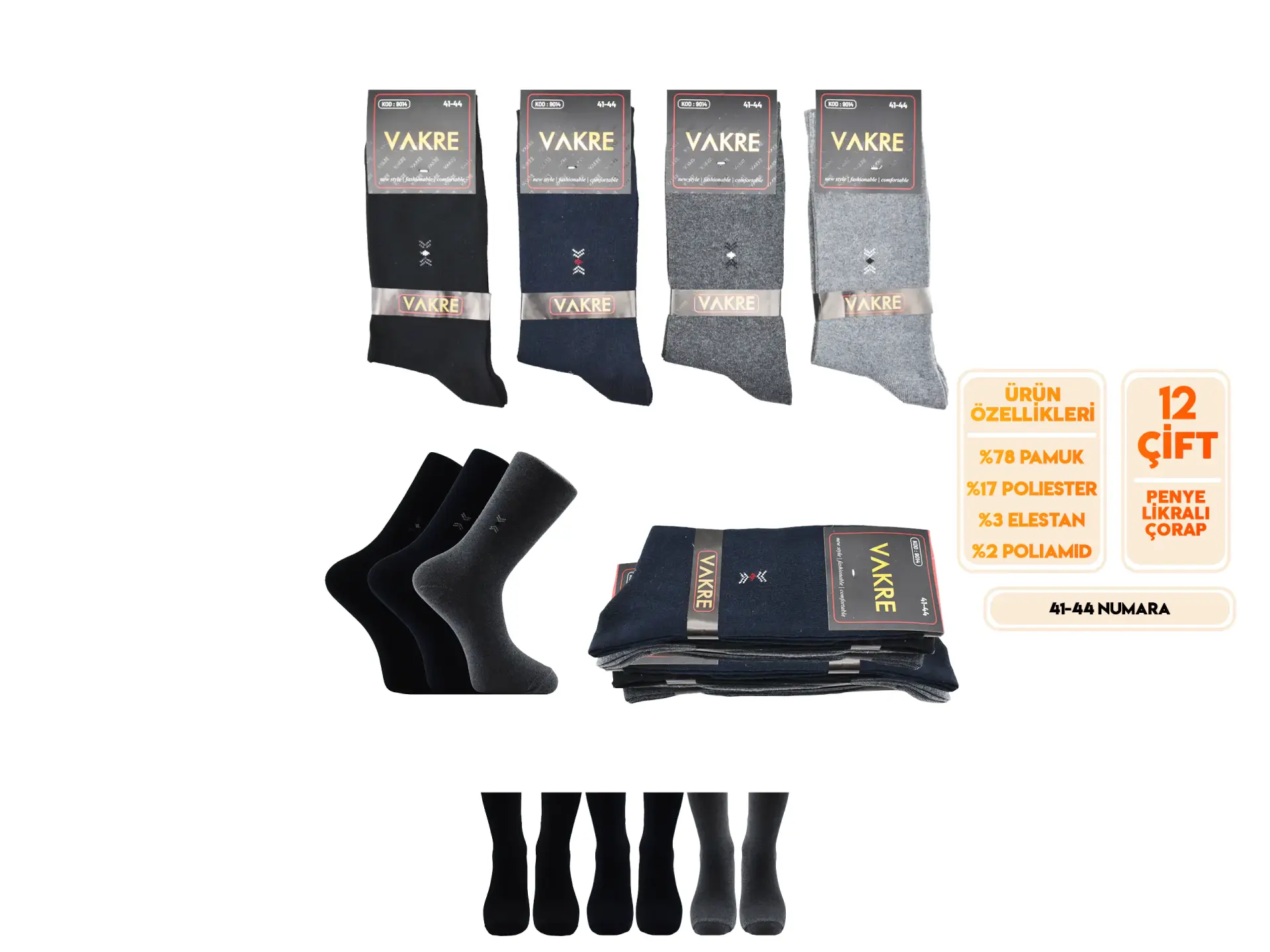Vakre 9014-42 (41-44) Erkek Penye Likralı Çorap 12'li