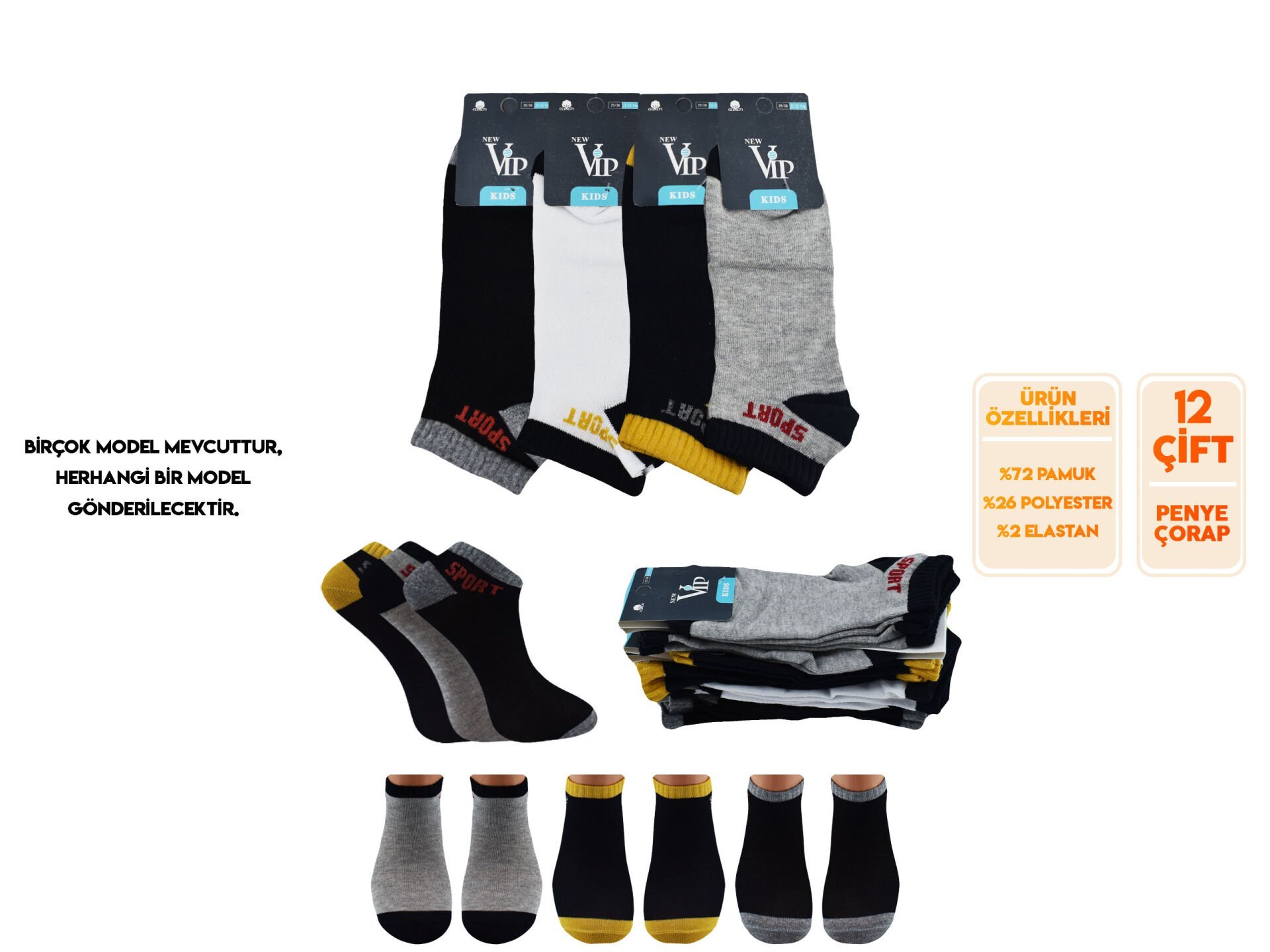 Vip 203 (3-12 Yaş) Kız Erkek Çocuk Patik Çorap 12'li