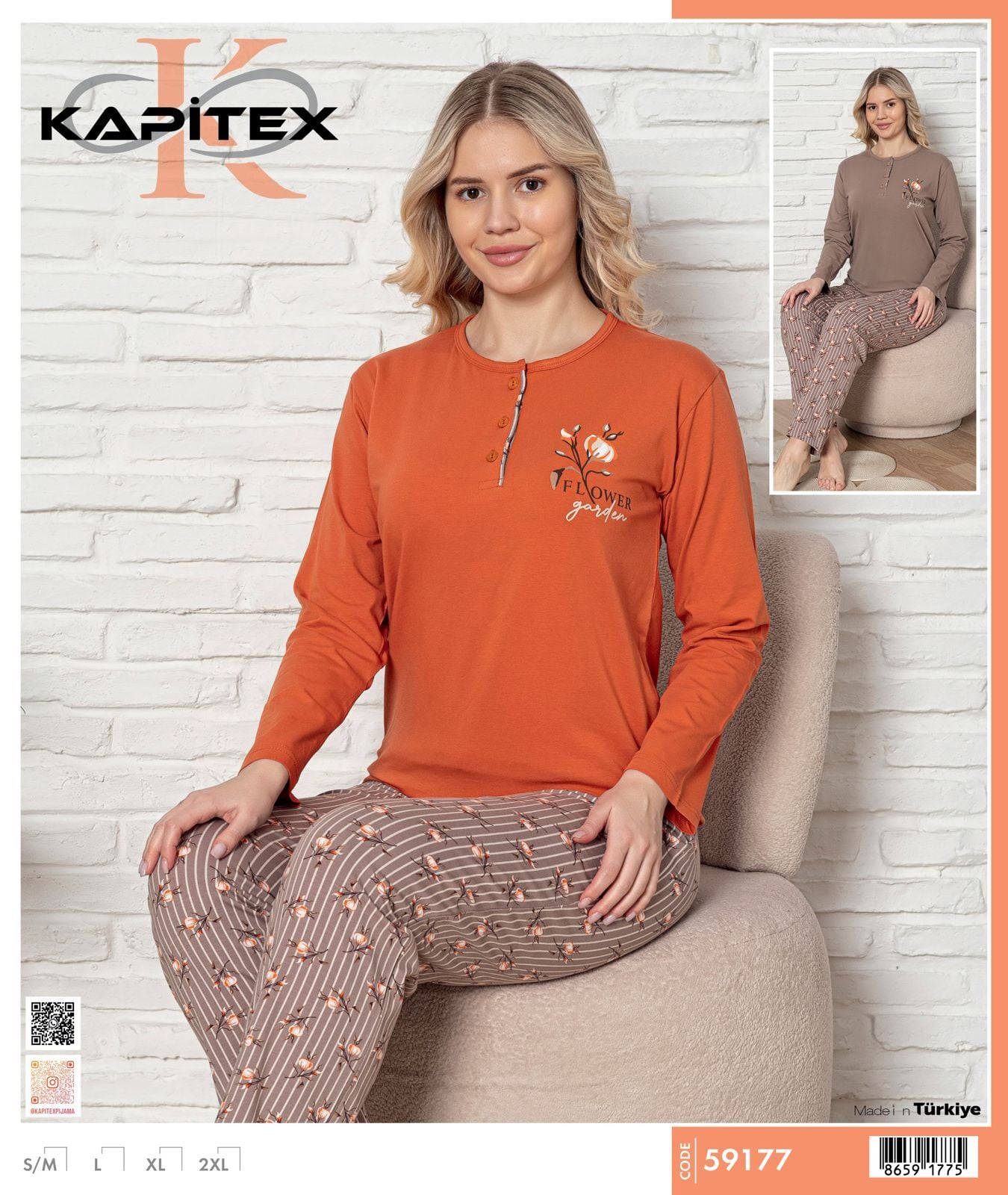 Kapitex 59177 (M-L-XL-XXL) Bayan Uzun Kol Pijama Takım 4'lü