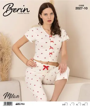 Berin 2027-10 (M-L-XL-XXL) Bayan Krop Kısa Kollu Milan Kapri Pijama Takımı 6'lı