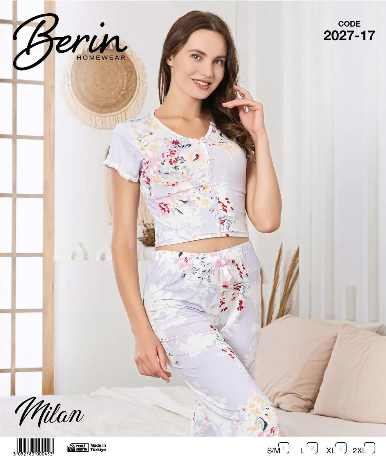 Berin 2027-17 (M-L-XL-XXL) Bayan Krop Kısa Kollu Milan Kapri Pijama Takımı 6'lı