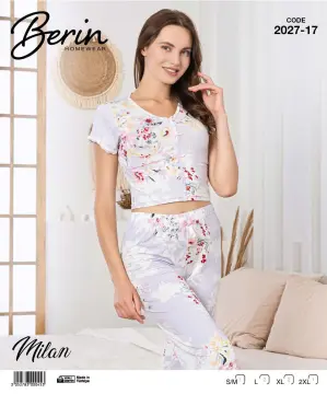 Berin 2027-17 (M-L-XL-XXL) Bayan Krop Kısa Kollu Milan Kapri Pijama Takımı 6'lı