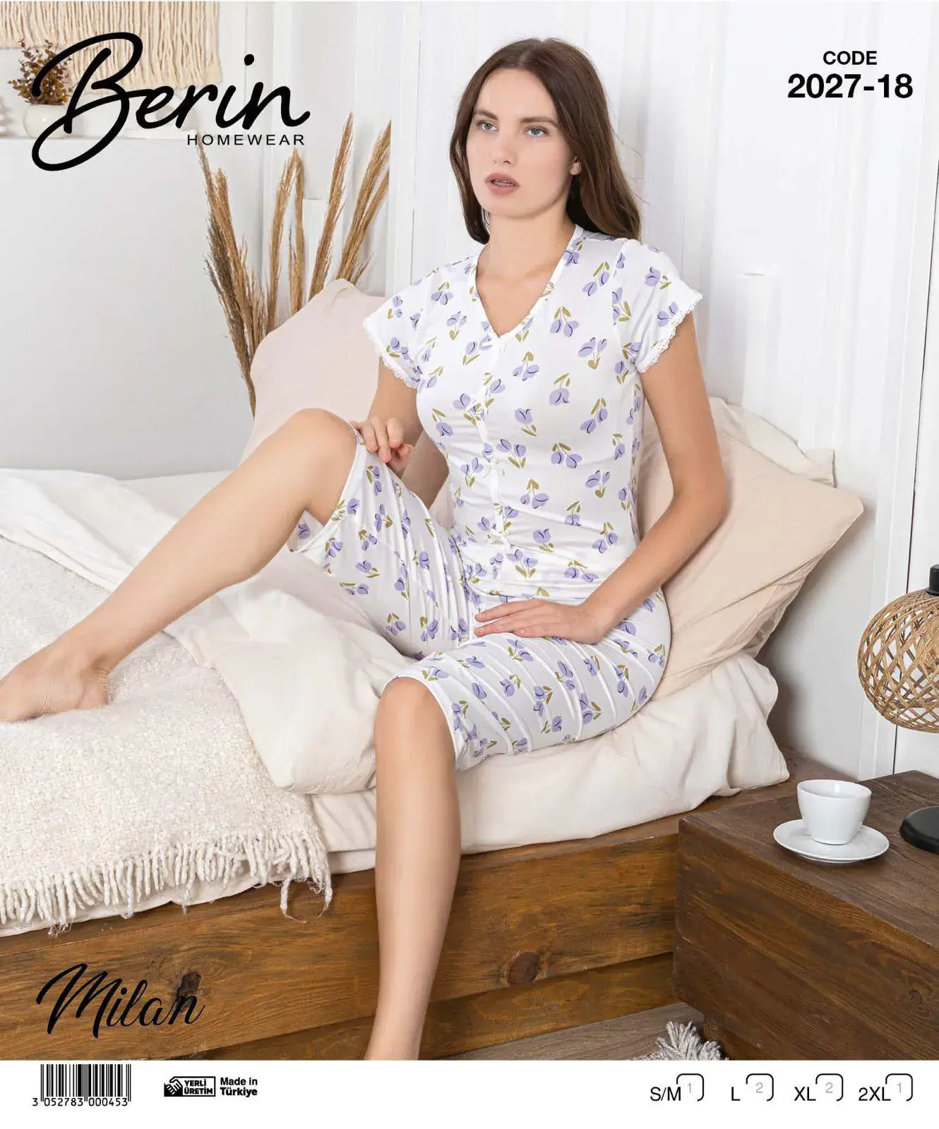 Berin 2027-18 (M-L-XL-XXL) Bayan Krop Kısa Kollu Milan Kapri Pijama Takımı 6'lı