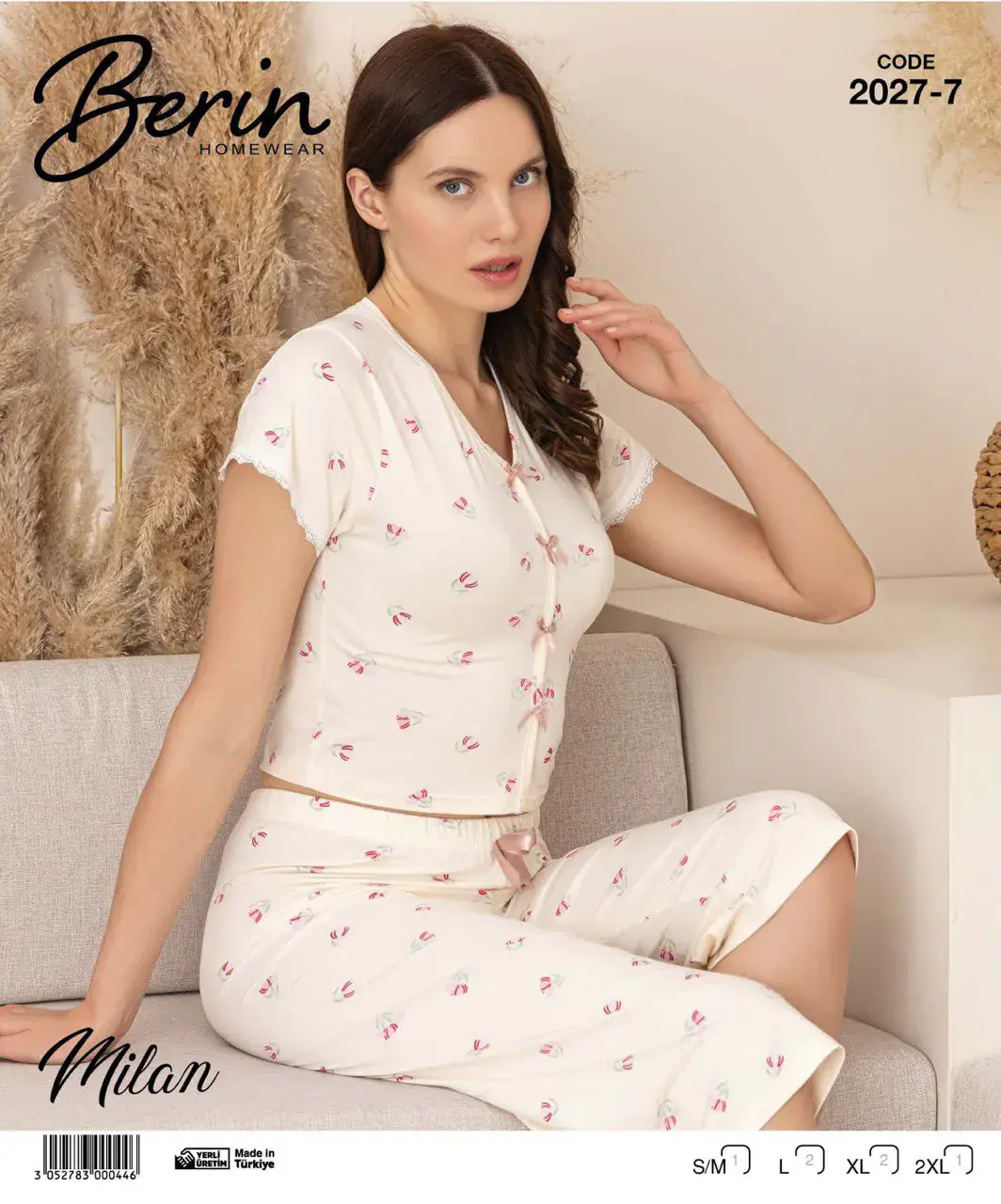 Berin 2027-7 (M-L-XL-XXL) Bayan Krop Kısa Kollu Milan Kapri Pijama Takımı 6'lı
