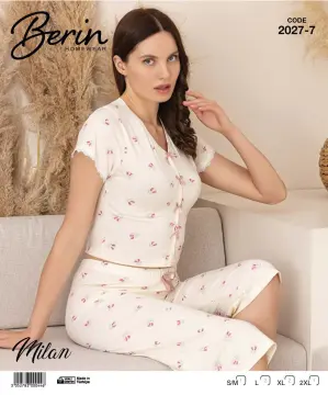 Berin 2027-7 (M-L-XL-XXL) Bayan Krop Kısa Kollu Milan Kapri Pijama Takımı 6'lı