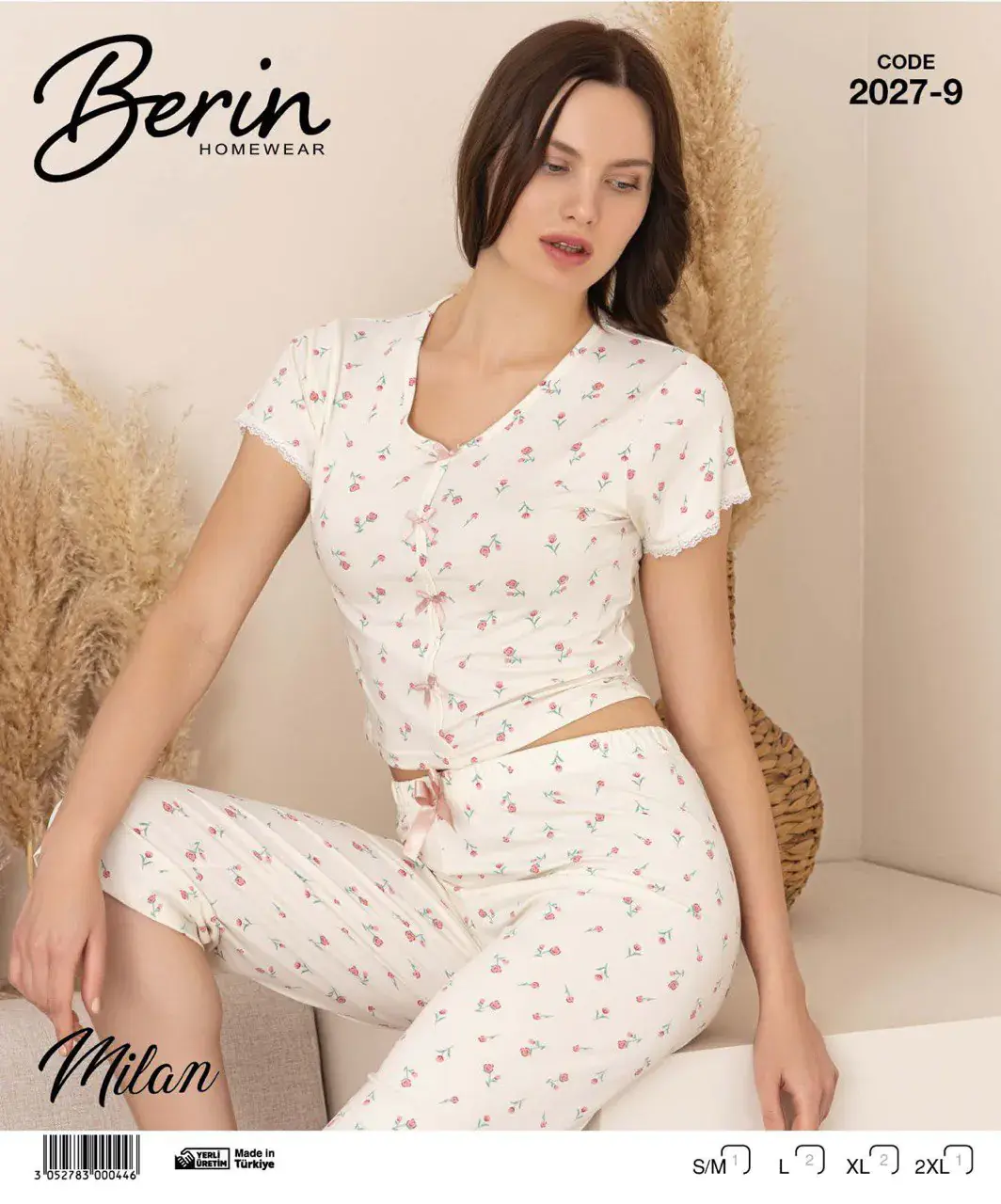 Berin 2027-9 (M-L-XL-XXL) Bayan Krop Kısa Kollu Milan Kapri Pijama Takımı 6'lı