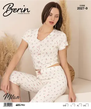 Berin 2027-9 (M-L-XL-XXL) Bayan Krop Kısa Kollu Milan Kapri Pijama Takımı 6'lı