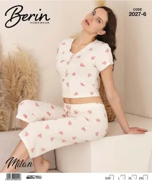 Berin 2027-6 (M-L-XL-XXL) Bayan Krop Kısa Kollu Milan Kapri Pijama Takımı 6'lı